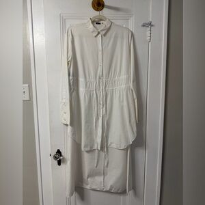Jil Sander Navy White Woven High Low Drawstring Shirt Size 40